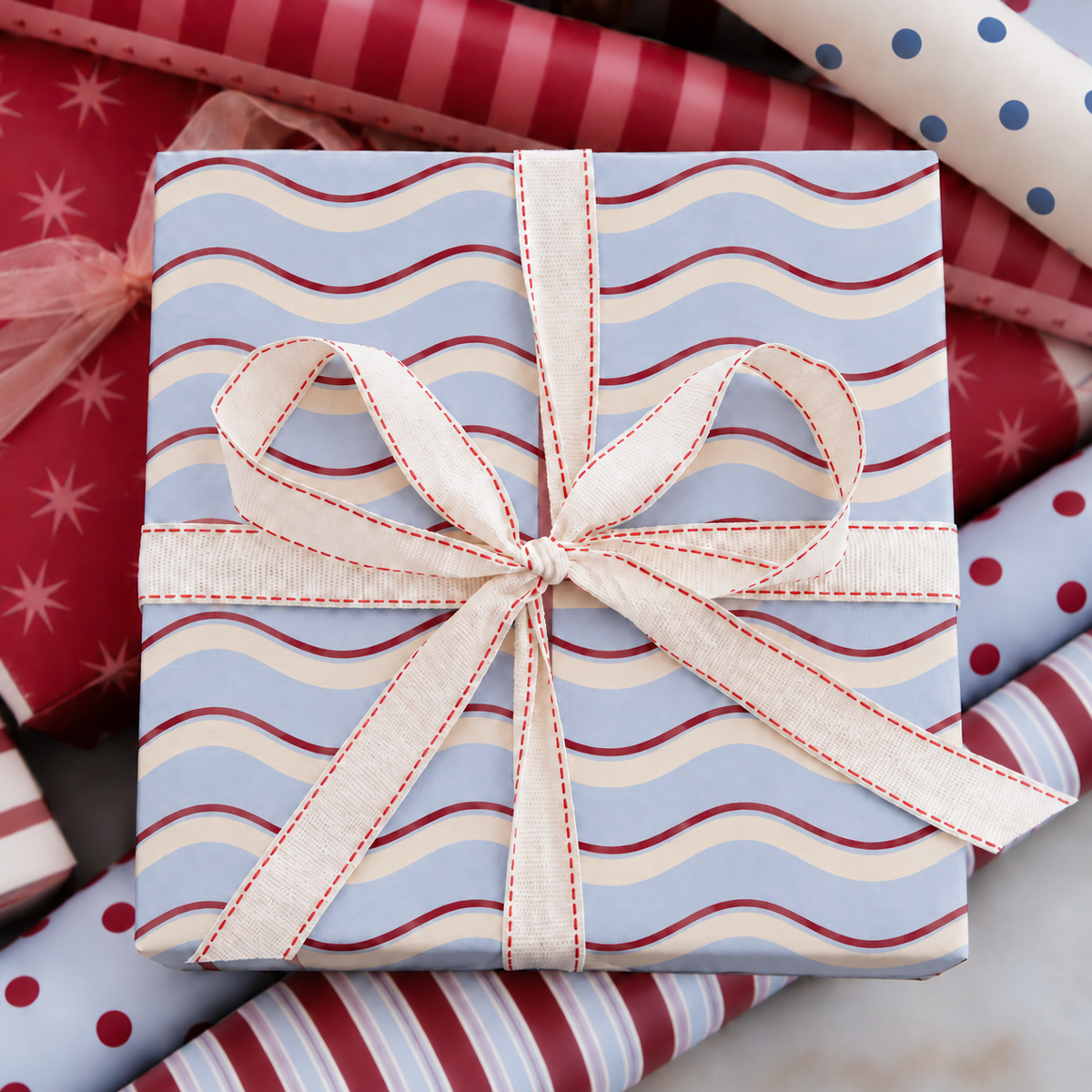 Wavy Blue & Red Wrapping Paper